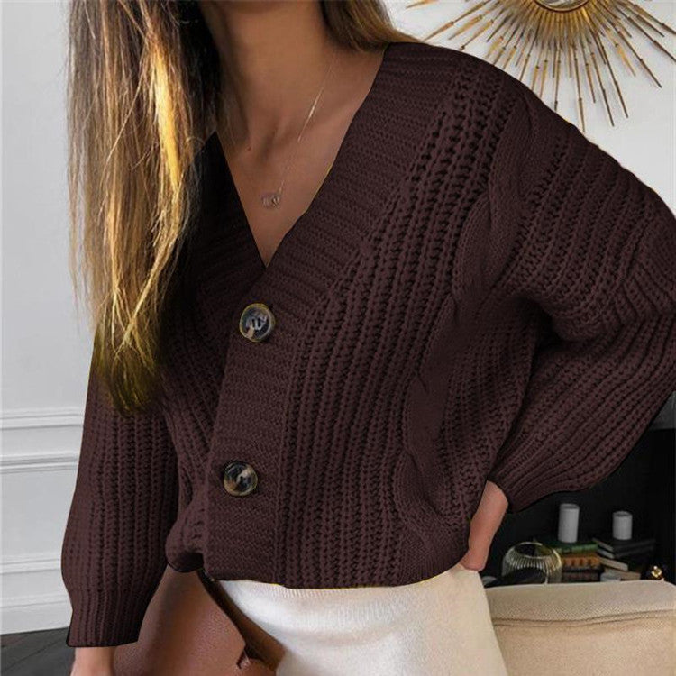 Damen Cardigan Grobstrick V-Ausschnitt Knöpfe Beige