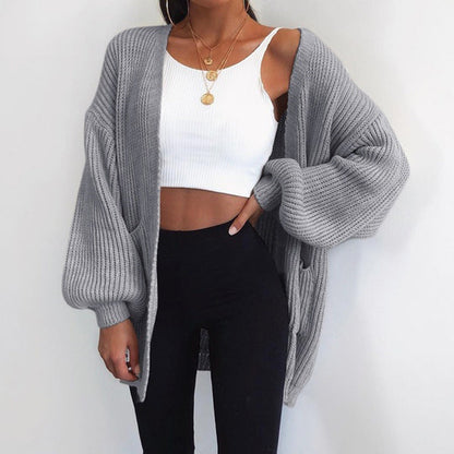 Damen Grobstrick Cardigan Oversized Ärmel Praktische Taschen