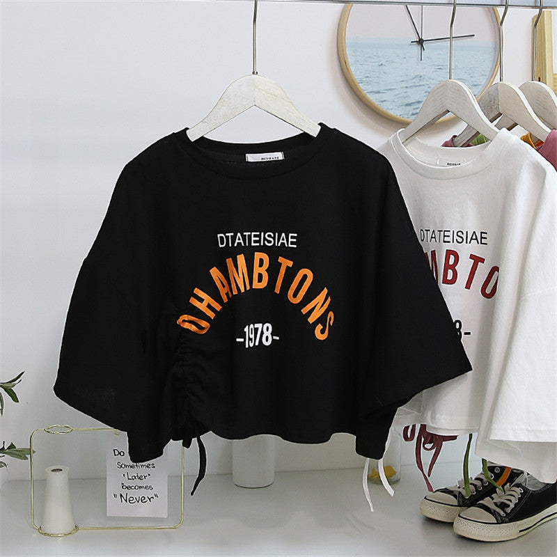 Damen Cropped T-Shirt Lässiger Kordelzug Weiß