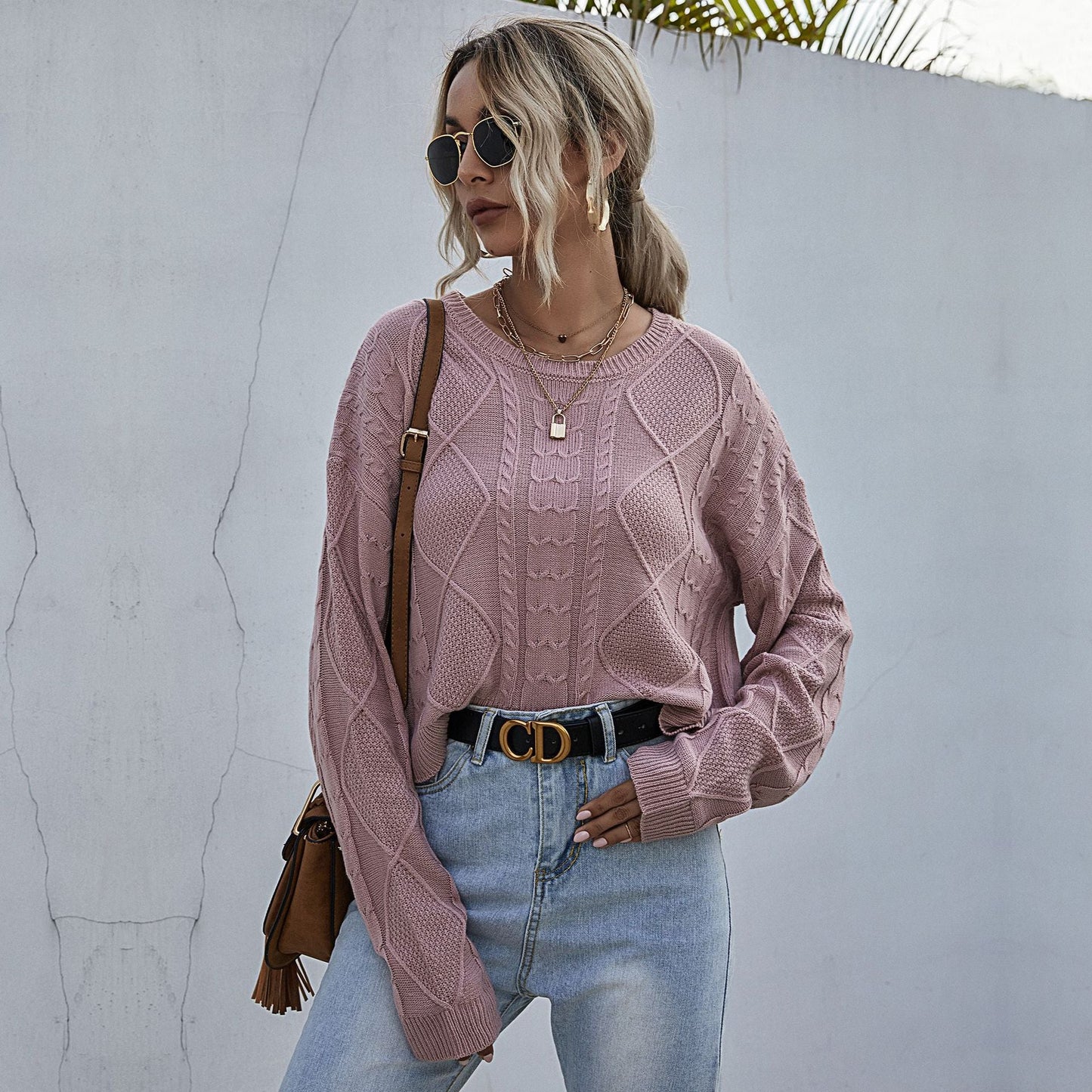 Damen Strickpullover Oversized Zopfmuster Beige