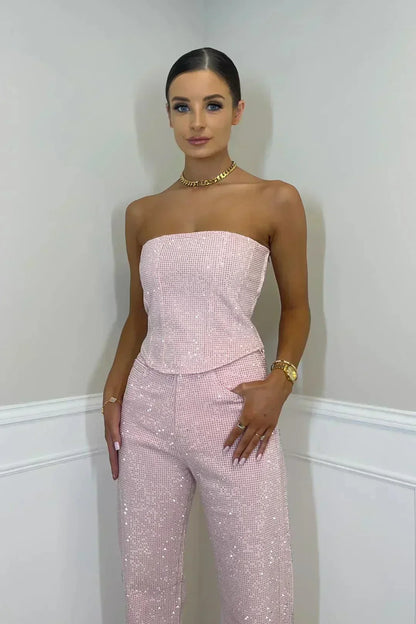 Damen Jumpsuit Trägerlos Glitzer Abendmode