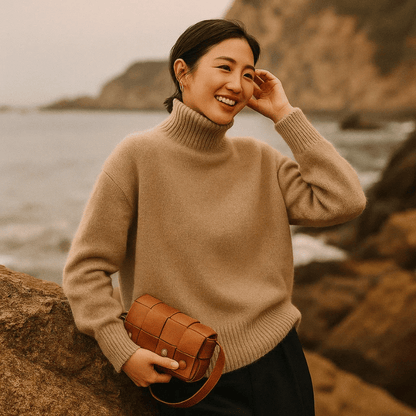 Eveloria Damen Cashmere Pullover Turtlebecke Beige