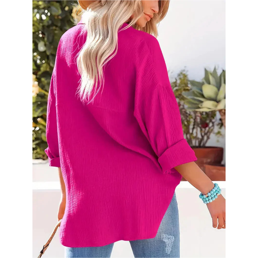 Damen Bluse Unifarbe Knopfleiste Hemdkragen Elegante Langarmbluse