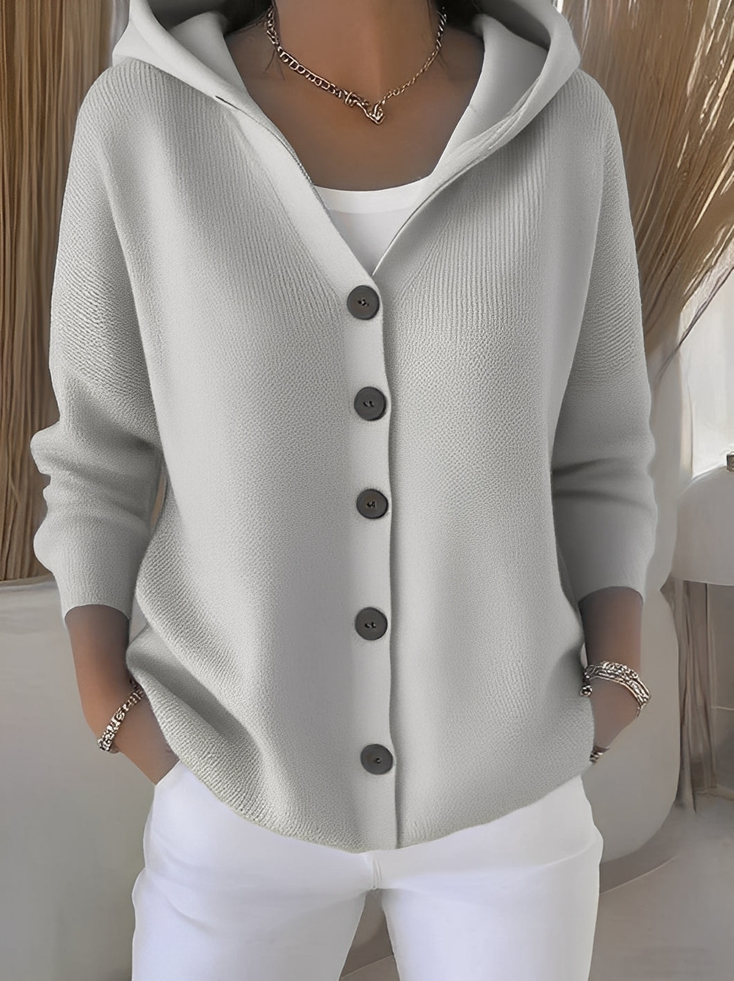 Damen Strickjacke mit Kapuze Komfortable Verarbeitung Beige