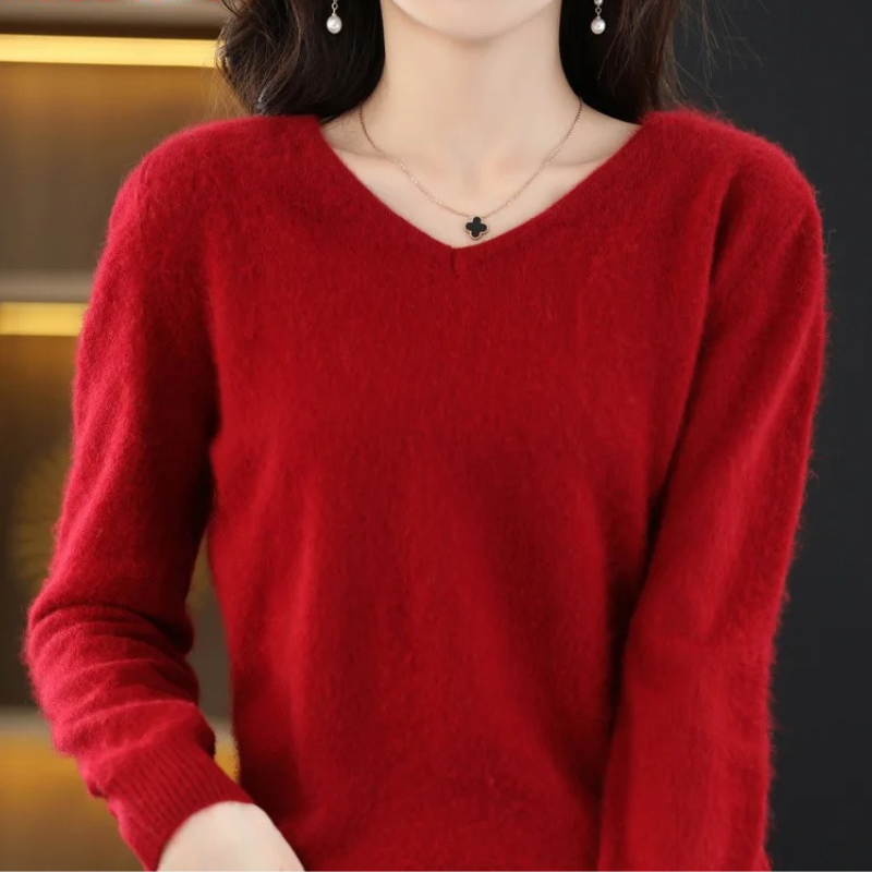 Damen Pullover V-Ausschnitt Leichter Weicher Strick
