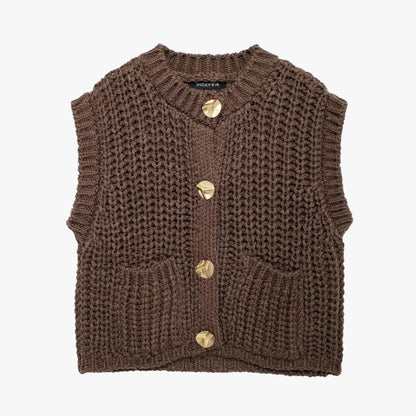 Damen Ärmellose Strickweste Goldene Knöpfe