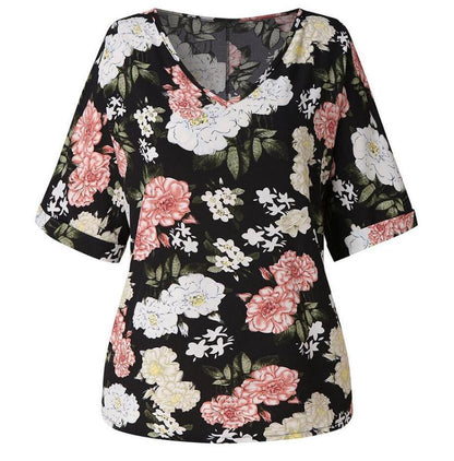 Damen T-Shirt Blumendesign V-Ausschnitt Locker Eveloria