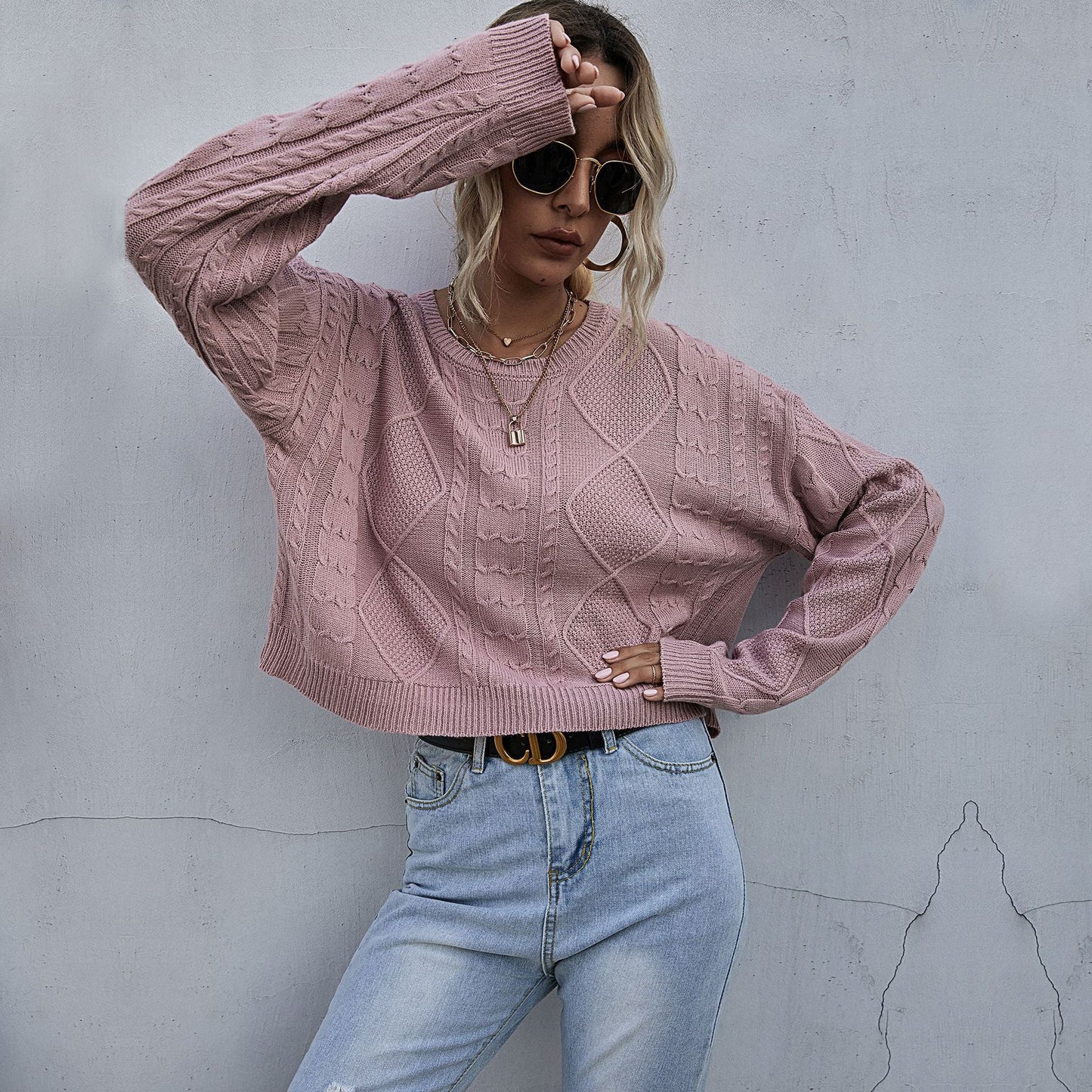 Damen Strickpullover Oversized Zopfmuster Beige