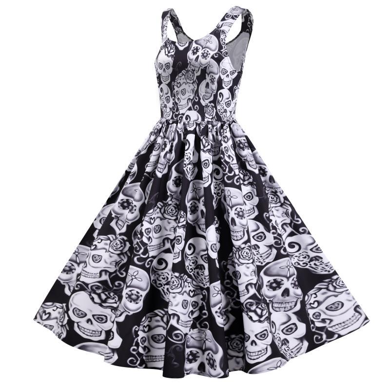 Damen Retro A-Linien Kleid mit Totenkopf-Design