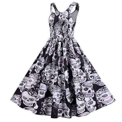 Damen Retro A-Linien Kleid mit Totenkopf-Design