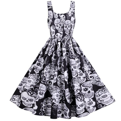 Damen Retro A-Linien Kleid mit Totenkopf-Design