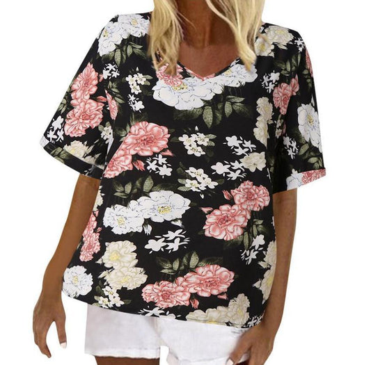 Damen T-Shirt Blumendesign V-Ausschnitt Locker Eveloria - Eveloria