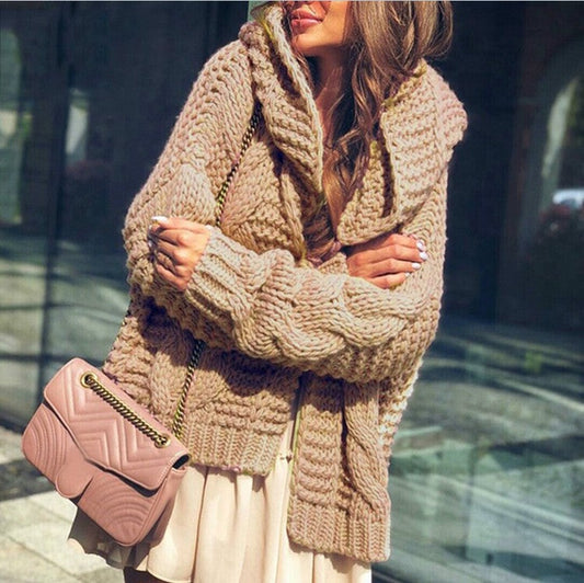 Damen Cardigan Grobstrick Voluminöse Ärmel Lässig Beige - Eveloria
