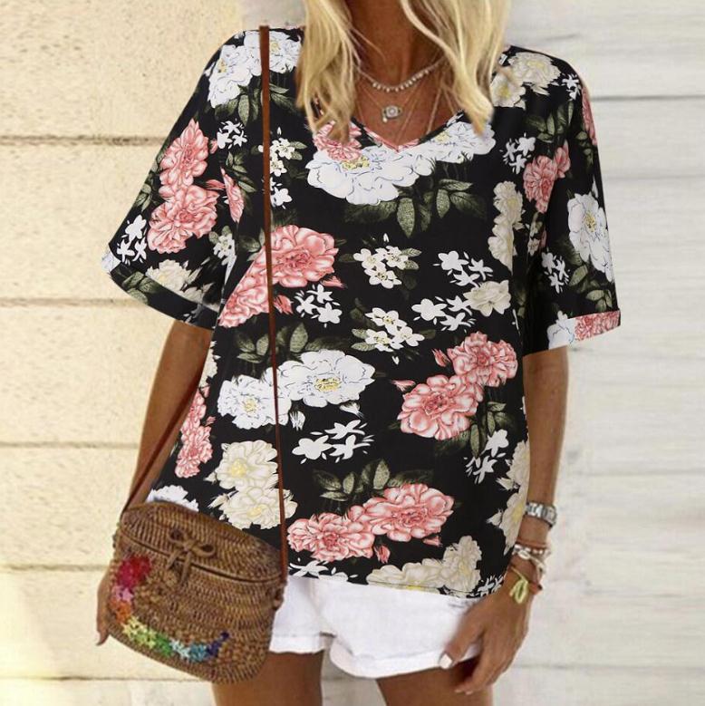 Damen T-Shirt Blumendesign V-Ausschnitt Locker Eveloria