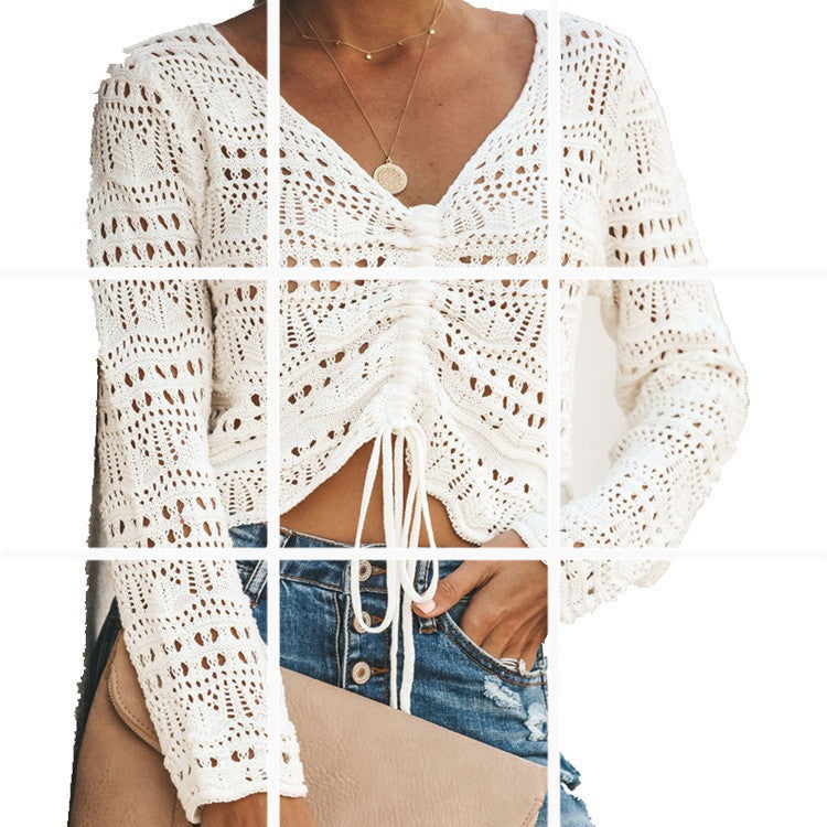 Damen Strickoberteil Häkel-Muster Bindebindung Transparent - Eveloria