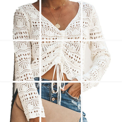 Damen Strickoberteil Häkel-Muster Bindebindung Transparent - Eveloria