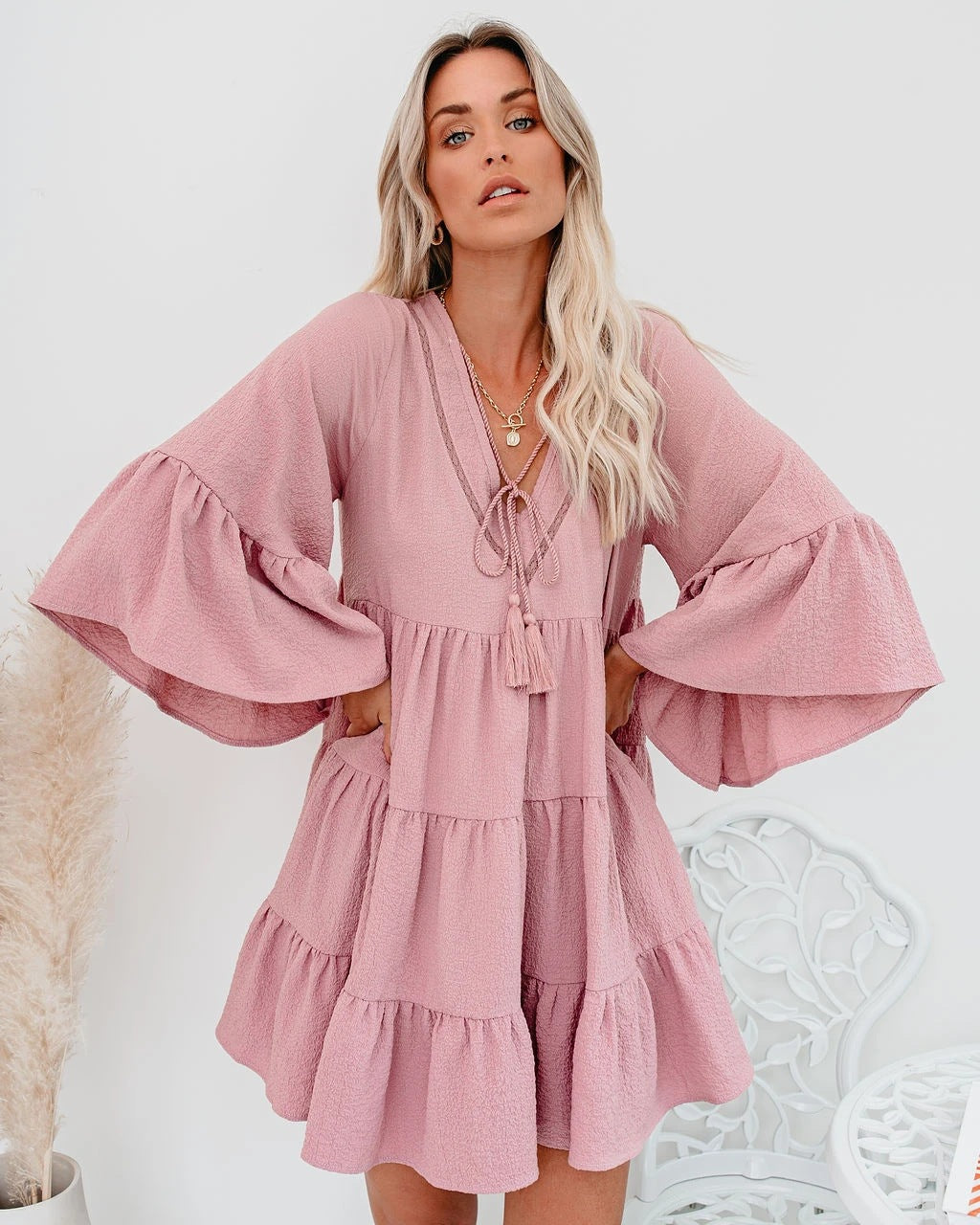 Damen Wickelkleid Luftig Rüschendetails Eveloria