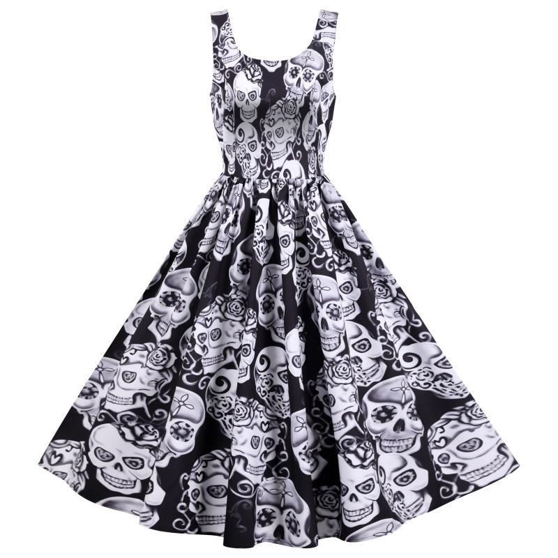 Damen Retro A-Linien Kleid mit Totenkopf-Design - Eveloria