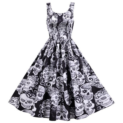 Damen Retro A-Linien Kleid mit Totenkopf-Design - Eveloria