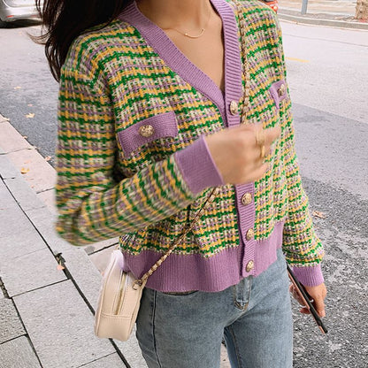 Damen Strickjacke Karomuster Glänzende Knöpfe Eveloria - Eveloria