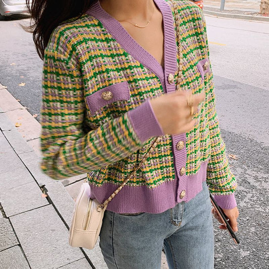 Damen Strickjacke Karomuster Glänzende Knöpfe Eveloria - Eveloria