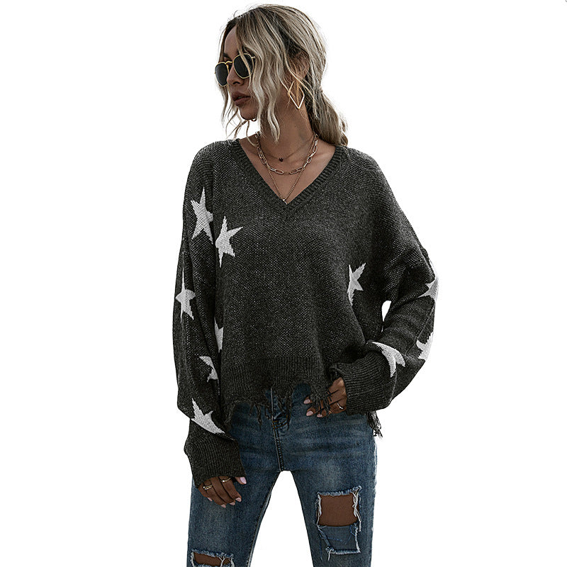 Damen Oversize Pullover Sternenmuster V-Ausschnitt