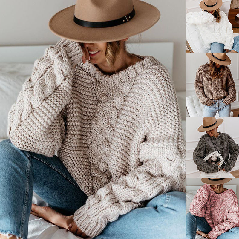 Damen Pullover Grobstrick Voluminöse Ärmel Zopfmuster Schwarz - Eveloria