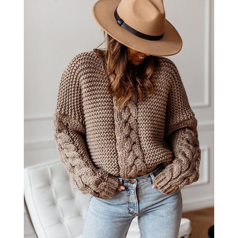 Damen Grobstrickpullover Zopfmuster Locker Passform