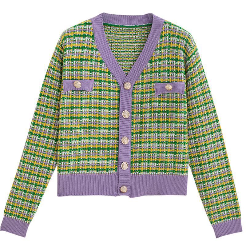 Damen Strickjacke Karomuster Glänzende Knöpfe Eveloria