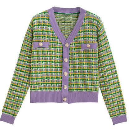 Damen Strickjacke Karomuster Glänzende Knöpfe Eveloria