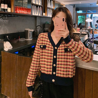 Damen Strickjacke Karomuster Glänzende Knöpfe Eveloria