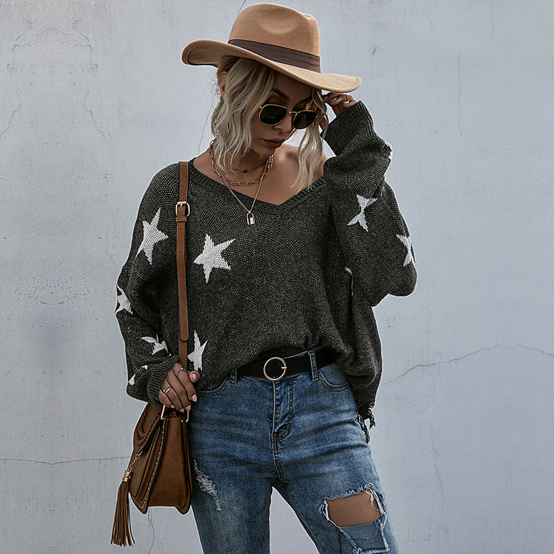 Damen Oversize Pullover Sternenmuster V-Ausschnitt