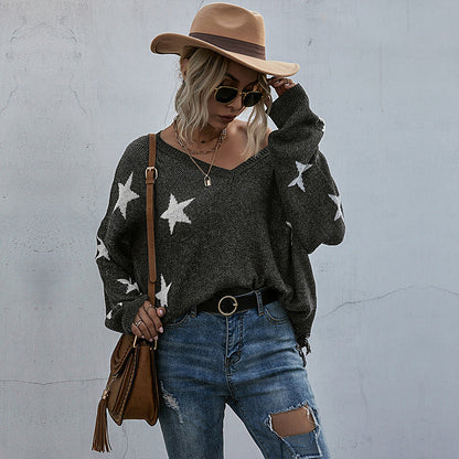 Damen Oversize Pullover Sternenmuster V-Ausschnitt