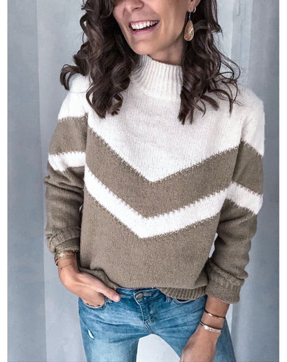 Damen Strickpullover V-Ausschnitt Kontrast Chevrondesign