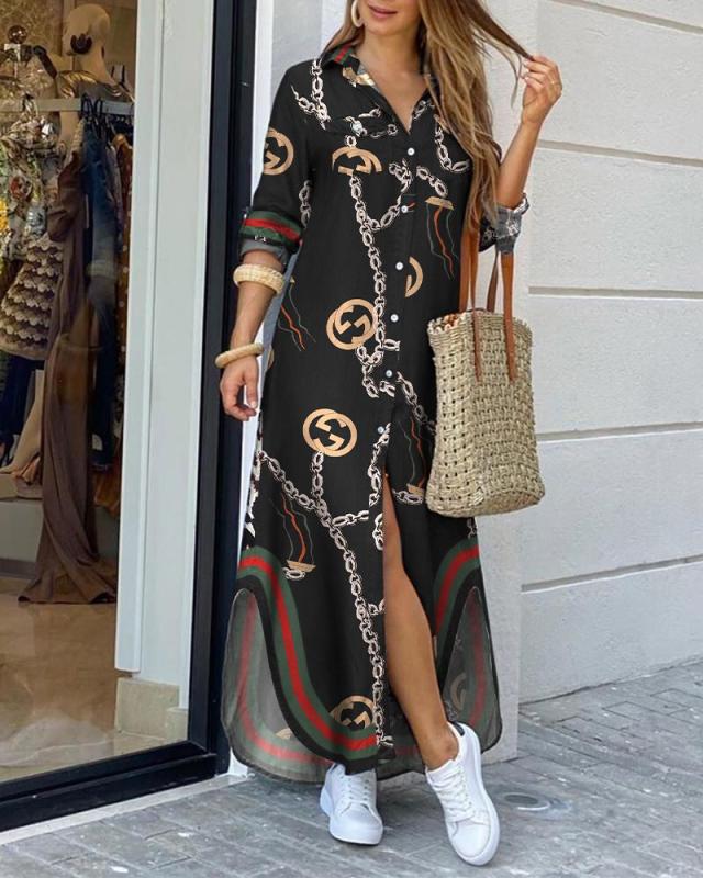 Damen Hemdblusenkleid mit Muster und Seitenschlitzen