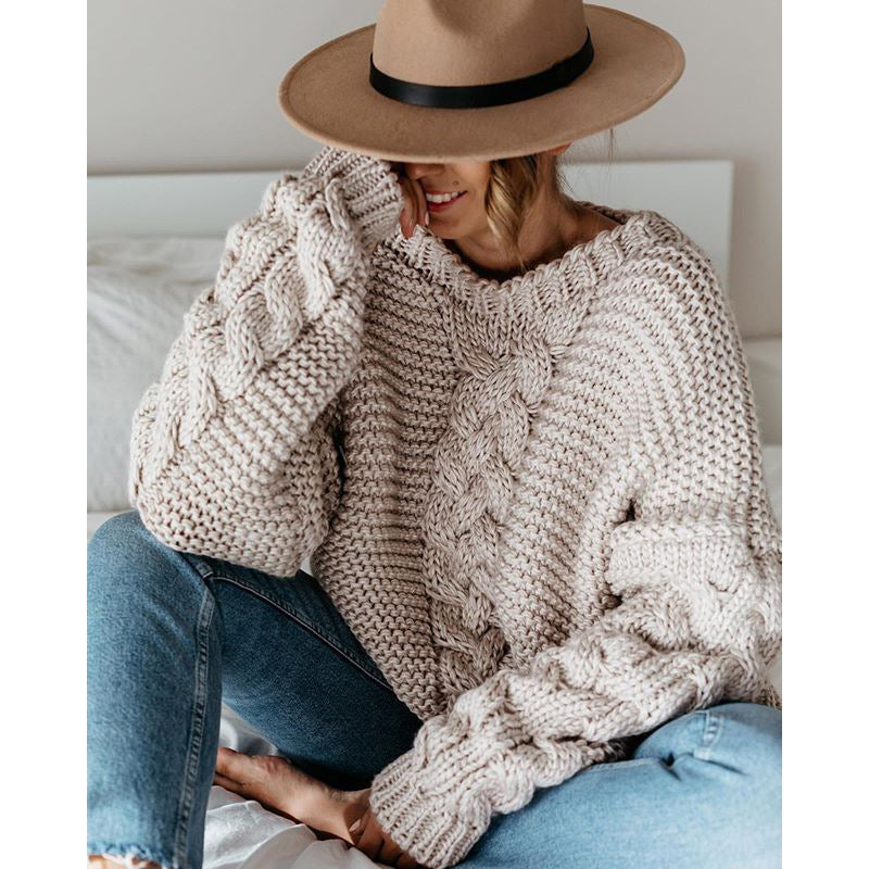 Damen Grobstrickpullover Zopfmuster Locker Passform