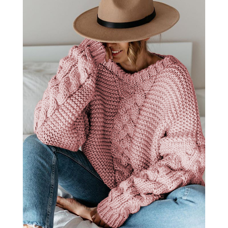 Damen Grobstrickpullover Zopfmuster Locker Passform