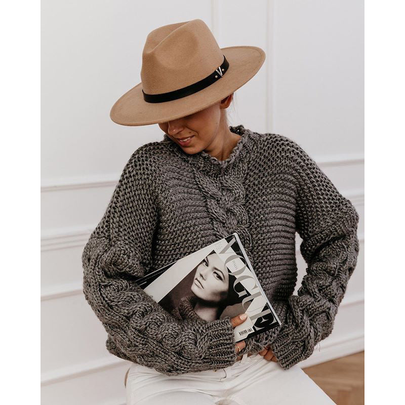 Damen Pullover Grobstrick Voluminöse Ärmel Zopfmuster