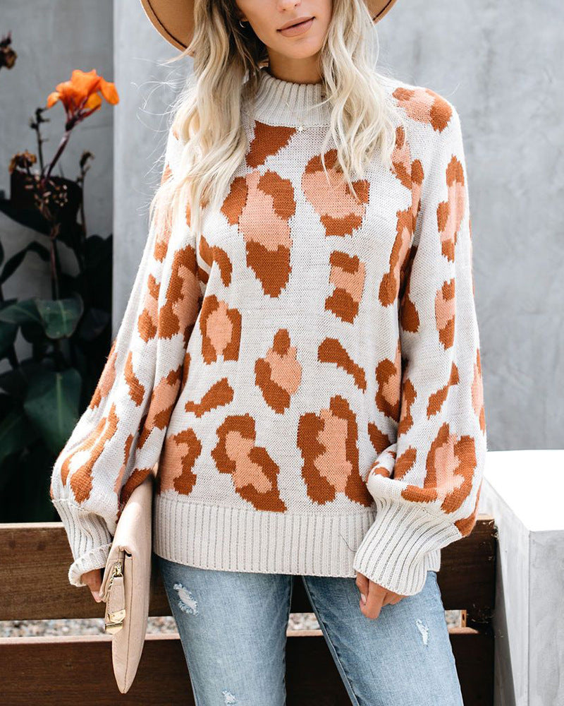 Eveloria Damen Oversized Sweater Wollmischung Leopardenmuster Rundhals - Eveloria