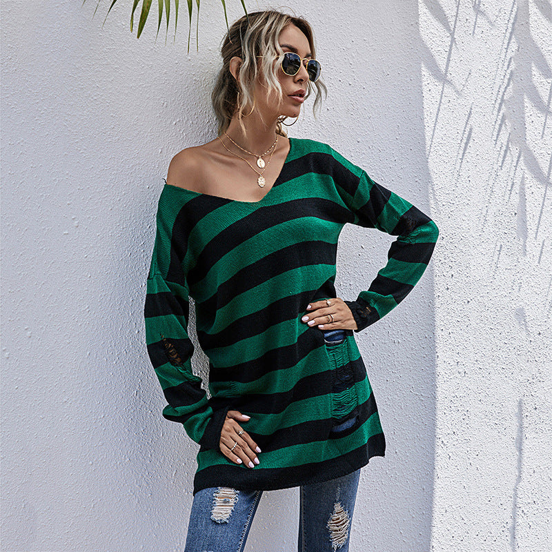 Damen Oversized Strickpullover V-Ausschnitt Streifenmuster