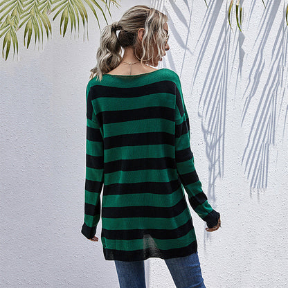 Damen Oversized Strickpullover V-Ausschnitt Streifenmuster