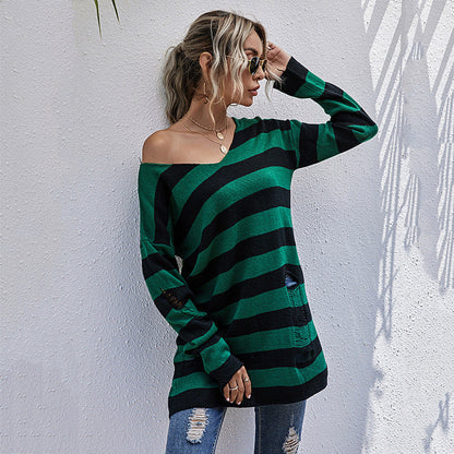 Damen Oversized Strickpullover V-Ausschnitt Streifenmuster