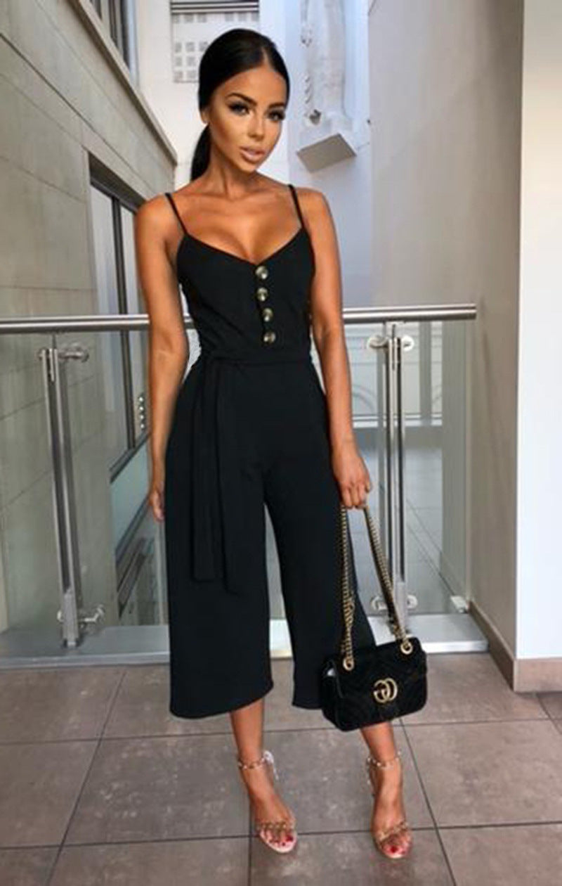 Damen Jumpsuit V-Ausschnitt Seiten Gürtel Eveloria