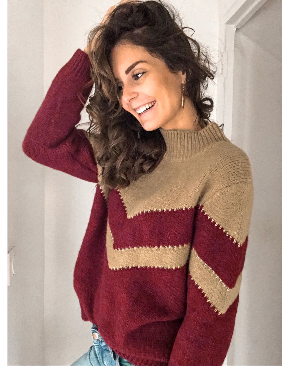 Damen Strickpullover V-Ausschnitt Kontrast Chevrondesign