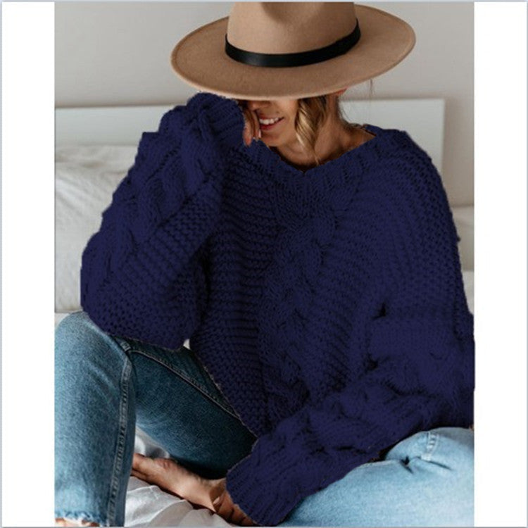 Damen Pullover Grobstrick Voluminöse Ärmel Zopfmuster