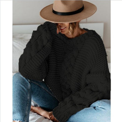 Damen Pullover Grobstrick Voluminöse Ärmel Zopfmuster