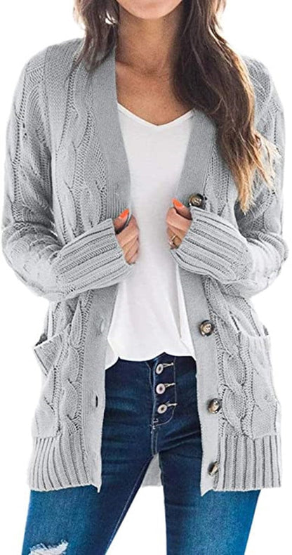 Damen Strickcardigan Zopfmuster mit Taschen Anthrazit - Eveloria