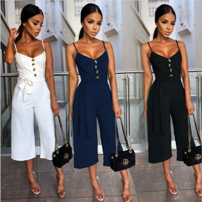 Damen Jumpsuit V-Ausschnitt Seiten Gürtel Eveloria - Eveloria