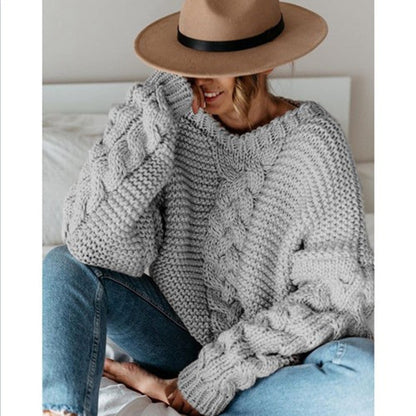 Damen Grobstrickpullover Zopfmuster Locker Passform