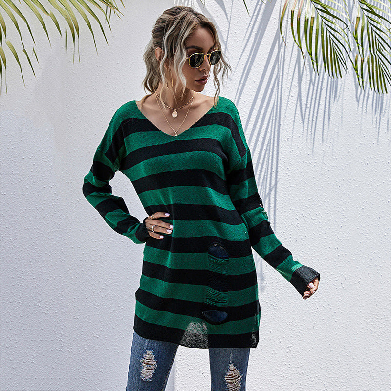 Damen Oversized Strickpullover V-Ausschnitt Streifenmuster - Eveloria